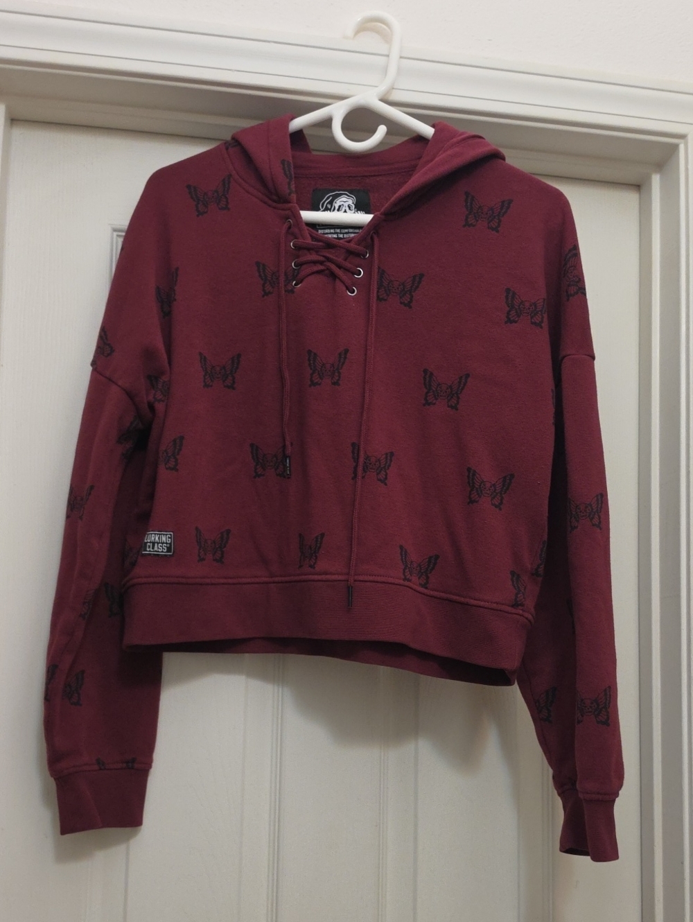 Women's Lace-Up Maroon Butterfly Hoodie Sweater